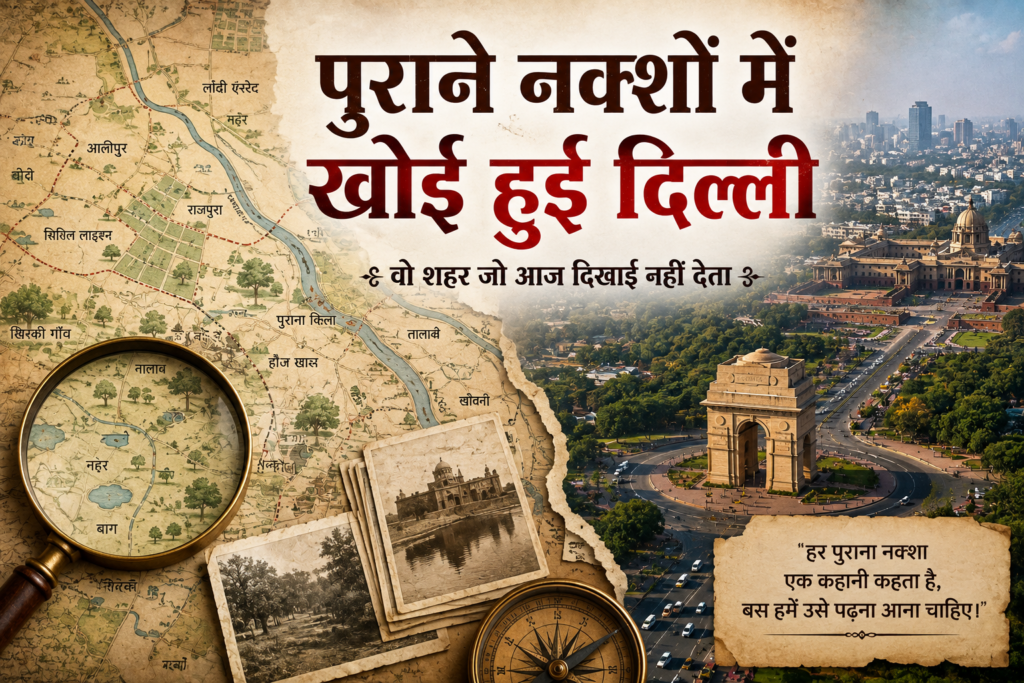 पुराने नक्शे में दिखाई देती दिल्ली का ऐतिहासिक दृश्य