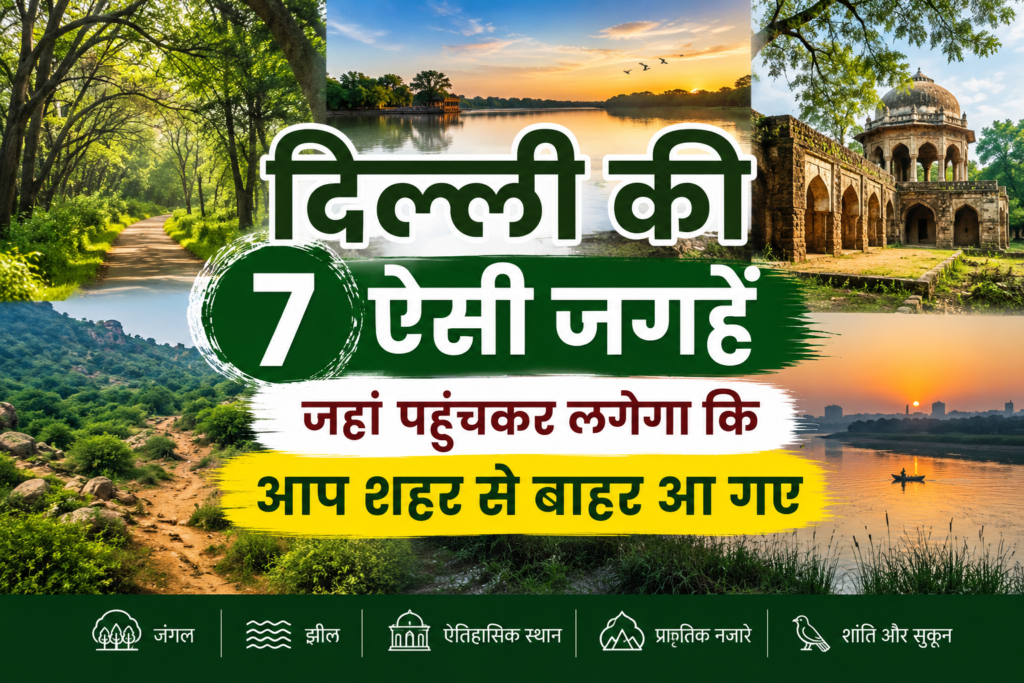 दिल्ली में घूमने की शांत जगहों की 7 खूबसूरत जगहों का कोलाज
