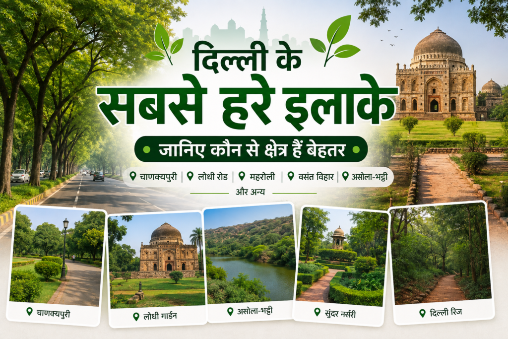 दिल्ली के सबसे हरे इलाकों में पेड़ों से घिरी सड़क, पार्क और हरियाली