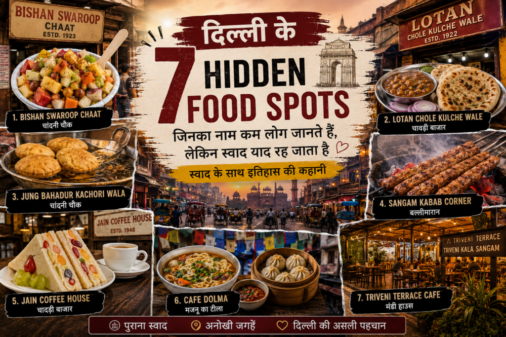 दिल्ली के 7 hidden food spots और उनके लोकप्रिय व्यंजनों का कोलाज